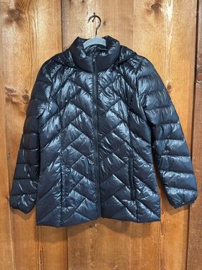 London Fog Lightweight Packable Down Puffer Jacket Detachable Hood Black Small